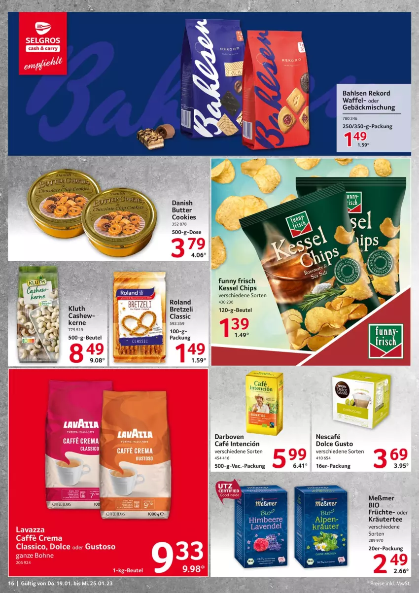 Aktueller Prospekt Selgros - Food - von 19.01 bis 25.01.2023 - strona 16 - produkty: bahlsen, beere, beutel, bio, butter, Cashew, chips, cookie, cookies, darbo, darboven, dolce gusto, früchte, Funny Frisch, gebäckmischung, himbeer, himbeere, kräuter, Meßmer, nescafe, tee