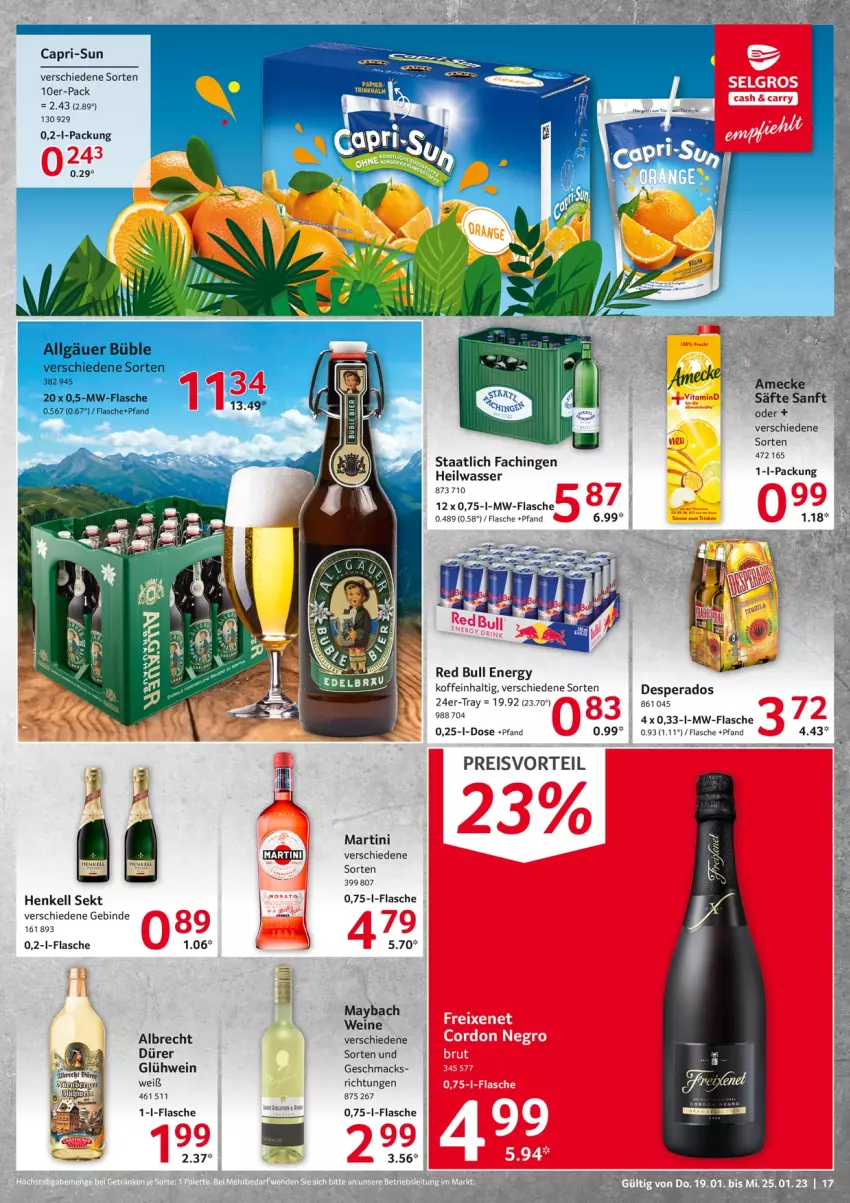 Aktueller Prospekt Selgros - Food - von 19.01 bis 25.01.2023 - strona 17 - produkty: Cap, capri-sun, desperados, eis, flasche, Glühwein, henkel, henkell, henkell sekt, mac, martini, maybach, mw-flasche, preisvorteil, red bull, reis, säfte, sekt, Ti, wasser, wein, weine