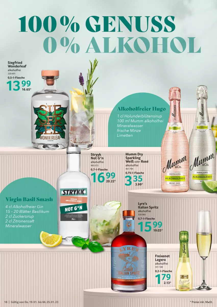 Aktueller Prospekt Selgros - Food - von 19.01 bis 25.01.2023 - strona 18 - produkty: alkohol, Alwa, Blüte, eier, eis, flasche, freixenet, gin, holunder, holunderblüte, mineralwasser, minze, mumm, nuss, reis, saft, sirup, Ti, wasser, zitrone, zitronen, zitronensaft