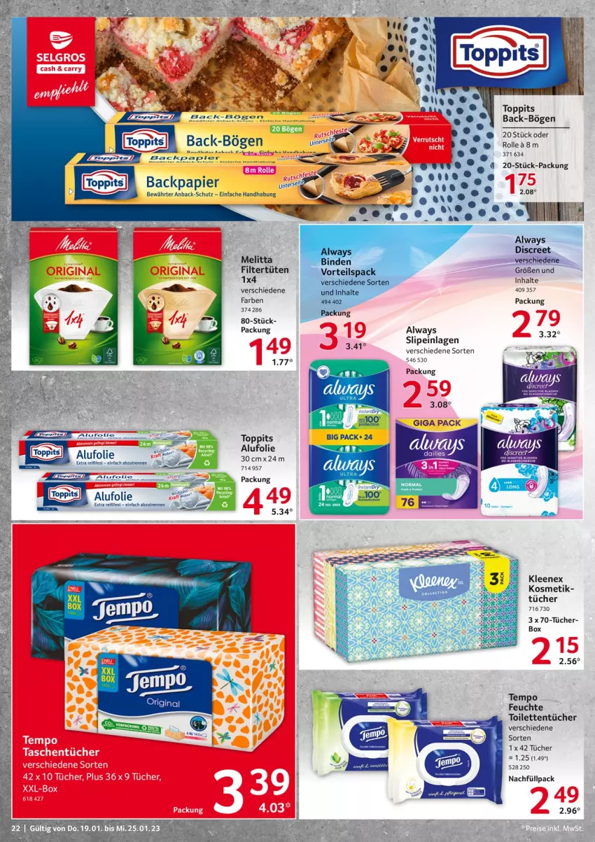 Aktueller Prospekt Selgros - Food - von 19.01 bis 25.01.2023 - strona 22 - produkty: Alwa, Always, auto, Clin, Discreet, eier, kosmetik, melitta, papier, slip, slipeinlagen, tee, Tempo, Ti, toilettentücher, toppits, tücher, Tüte