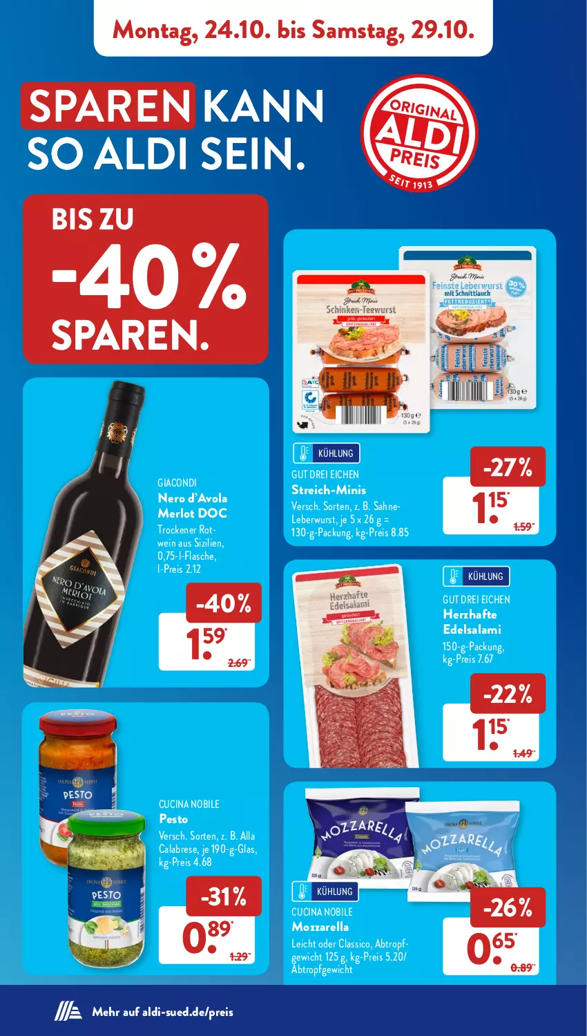 Aktueller Prospekt AldiSud - NÄCHSTE WOCHE - von 24.10 bis 29.10.2022 - strona 10 - produkty: aldi, cin, classico, Edelsalami, eis, flasche, leberwurst, merl, merlot, mozzarella, nero, pesto, reis, rel, rotwein, sahne, salami, wein, wurst