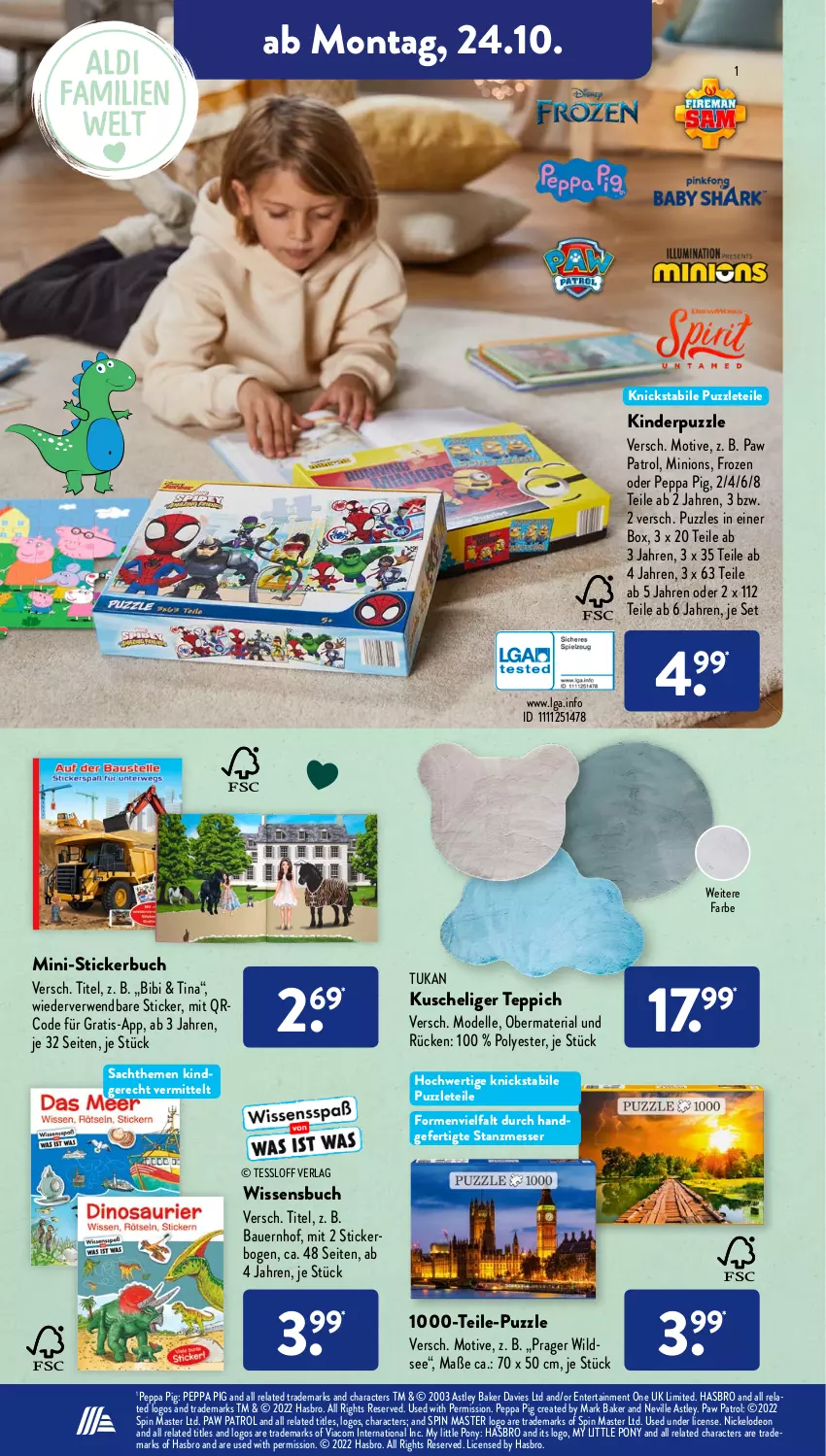 Aktueller Prospekt AldiSud - NÄCHSTE WOCHE - von 24.10 bis 29.10.2022 - strona 16 - produkty: auer, Bau, Bauer, buch, dell, deo, elle, ente, Hasbro, Kinder, LG, messer, Mode, Paw Patrol, Peppa Pig, Puzzle, rel, Ria, rwe, sac, Stickerbuch, teppich, Ti, Wild