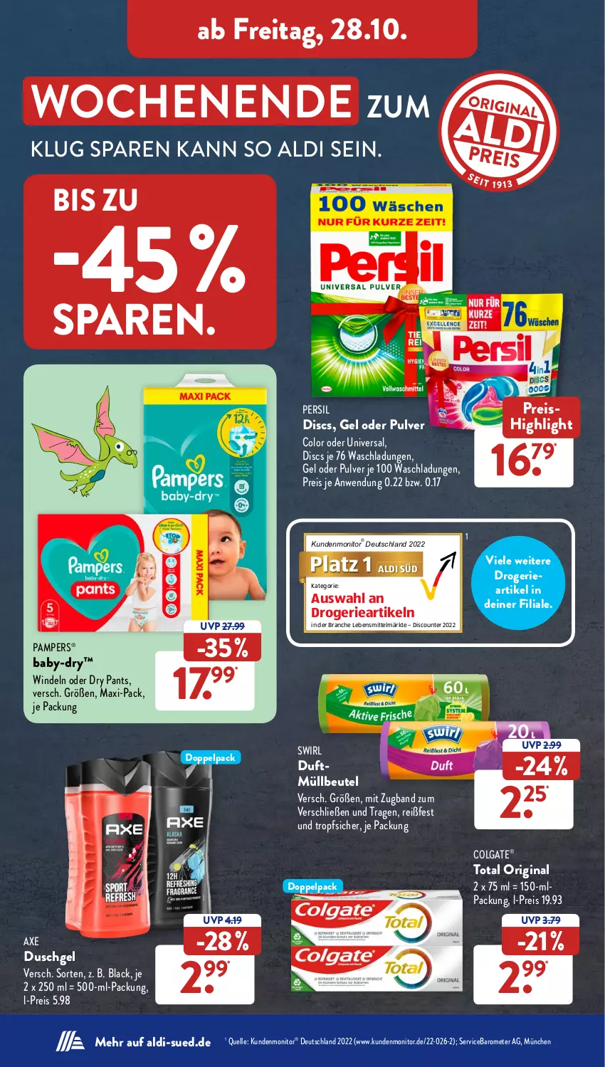 Aktueller Prospekt AldiSud - NÄCHSTE WOCHE - von 24.10 bis 29.10.2022 - strona 34 - produkty: aldi, axe, axe duschgel, baby-dry, beutel, colgate, discount, duschgel, eis, elle, gin, lack, lebensmittel, LG, monitor, müllbeutel, pampers, Pants, persil, reis, swirl, Ti, windeln