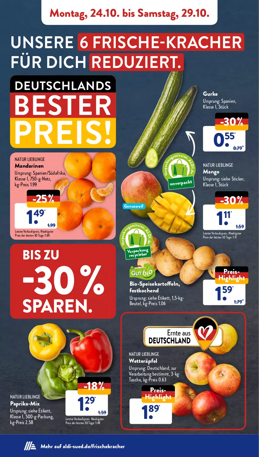 Aktueller Prospekt AldiSud - NÄCHSTE WOCHE - von 24.10 bis 29.10.2022 - strona 4 - produkty: aldi, beutel, bio, eis, gurke, kartoffel, kartoffeln, kracher, mandarine, mandarinen, mango, natur, nuss, paprika, reis, speisekartoffeln, Tasche, Ti, ZTE