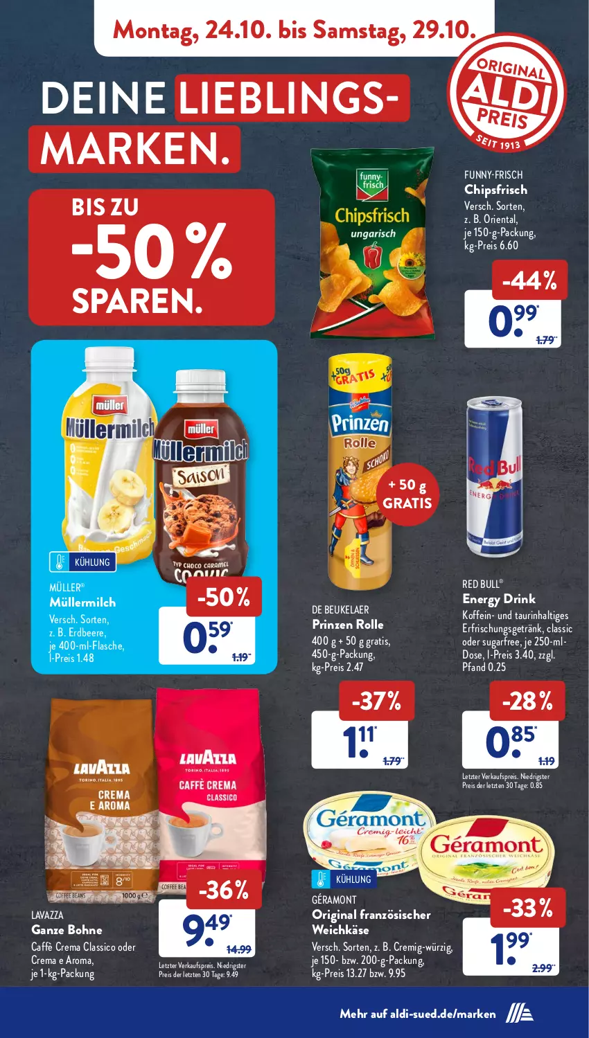 Aktueller Prospekt AldiSud - NÄCHSTE WOCHE - von 24.10 bis 29.10.2022 - strona 7 - produkty: aldi, beere, bohne, caffè crema, chips, chipsfrisch, classico, de beukelaer, drink, eis, energy drink, erdbeere, erfrischungsgetränk, flasche, französischer weichkäse, funny-frisch, géramont, getränk, gin, Käse, lavazza, lavazza ganze bohne, milch, Müller, müllermilch, prinzen rolle, red bull, reis, Ti, weichkäse, ZTE