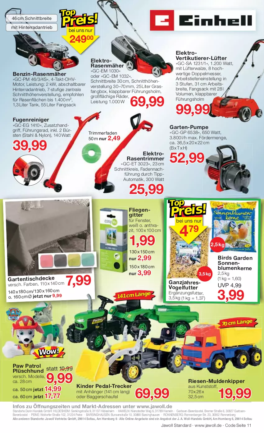 Aktueller Prospekt Jawoll - Prospekte - von 19.04 bis 23.04.2022 - strona 15 - produkty: angebot, angebote, Anhänger, auto, Berger, blume, blumen, Brei, bürste, bürsten, decke, dell, eis, Elektro, elle, fenster, fliegengitter, Garten, gartentisch, Kinder, Liege, messer, Mode, Paw Patrol, Plüsch, rasen, rasenmäher, rasentrimmer, reiniger, reis, sac, Schal, senf, sonnenblume, sonnenblumen, Sonnenblumenkerne, Ti, Tiere, tisch, tischdecke, Vogelfutter