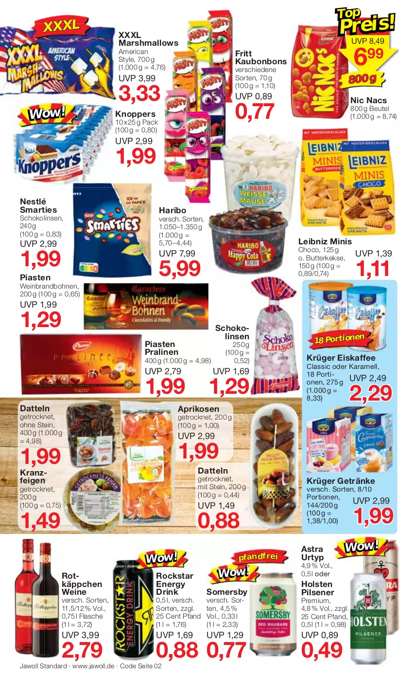 Aktueller Prospekt Jawoll - Prospekte - von 19.04 bis 23.04.2022 - strona 2 - produkty: aprikose, aprikosen, Astra, beutel, bohne, bohnen, bonbons, butter, butterkeks, Datteln, drink, eis, eiskaffee, energy drink, Feigen, flasche, getränk, getränke, haribo, holsten, holsten pilsener, kaffee, karamell, keks, kekse, knoppers, Kranz, krüger, leibniz, linsen, mars, nestlé, pils, pilsener, pralinen, Rockstar, rotkäppchen, schoko, Schokolinsen, smarties, somersby, Ti, urtyp, wein, weinbrand, weine