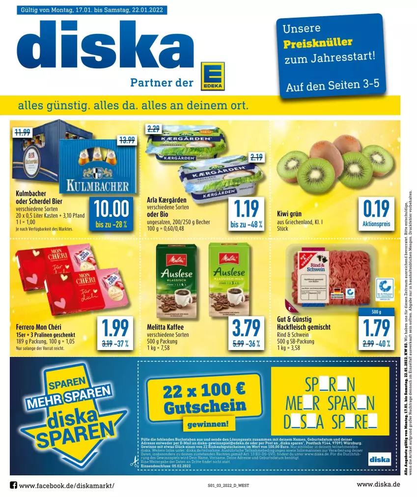 Aktueller Prospekt Diska - Prospekte - von 17.01 bis 22.01.2022 - strona 1 - produkty: angebot, angebote, arla, asti, Becher, bier, bio, buch, deka, eis, erde, ferrero, fleisch, gewinnspiel, gutschein, gutscheine, hackfleisch, hackfleisch gemischt, kaffee, kiwi, melitta, pralinen, reis, rind, salz, schwein, Ti, tisch, wein