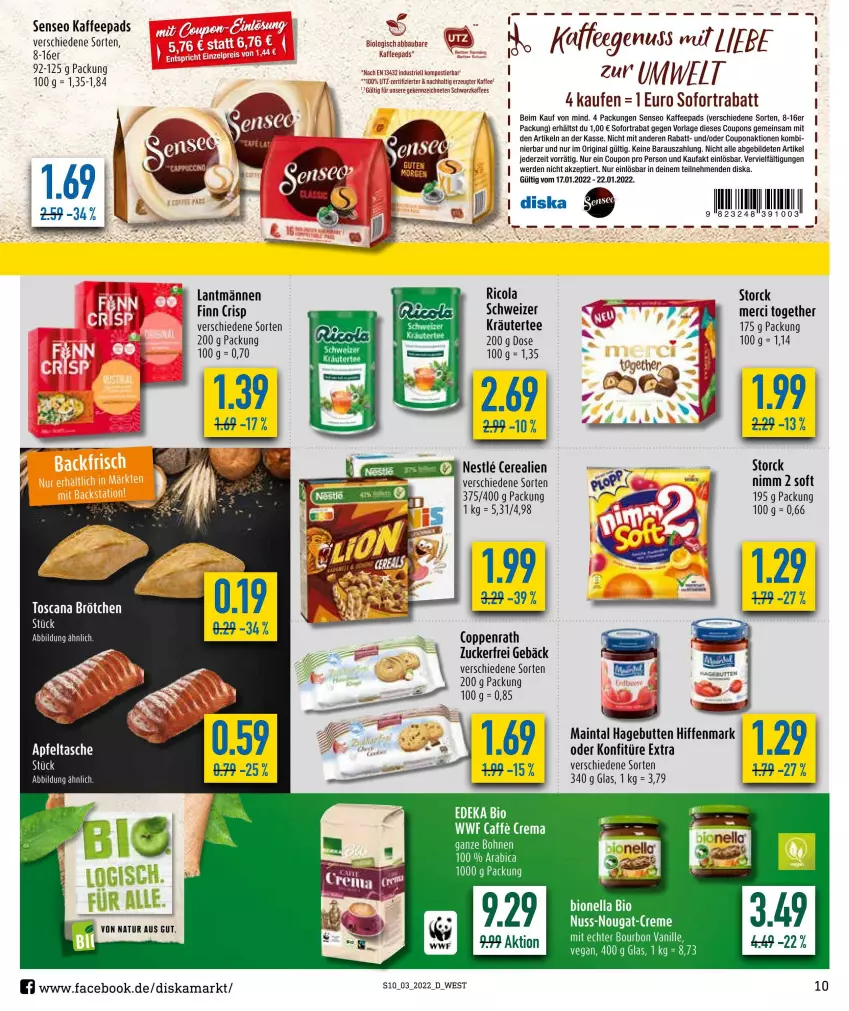 Aktueller Prospekt Diska - Prospekte - von 17.01 bis 22.01.2022 - strona 10 - produkty: Abba, Bau, bio, bourbon, bourbon vanille, brötchen, cerealien, cola, coppenrath, coupon, coupons, creme, deka, edeka bio, eis, erde, gin, kaffee, kaffeepads, konfitüre, konfitüre extra, kräuter, merci, natur, Nimm 2, nuss, nuss-nougat-creme, reis, Ricola, senseo, Stier, storck, tee, Ti, vanille, zucker