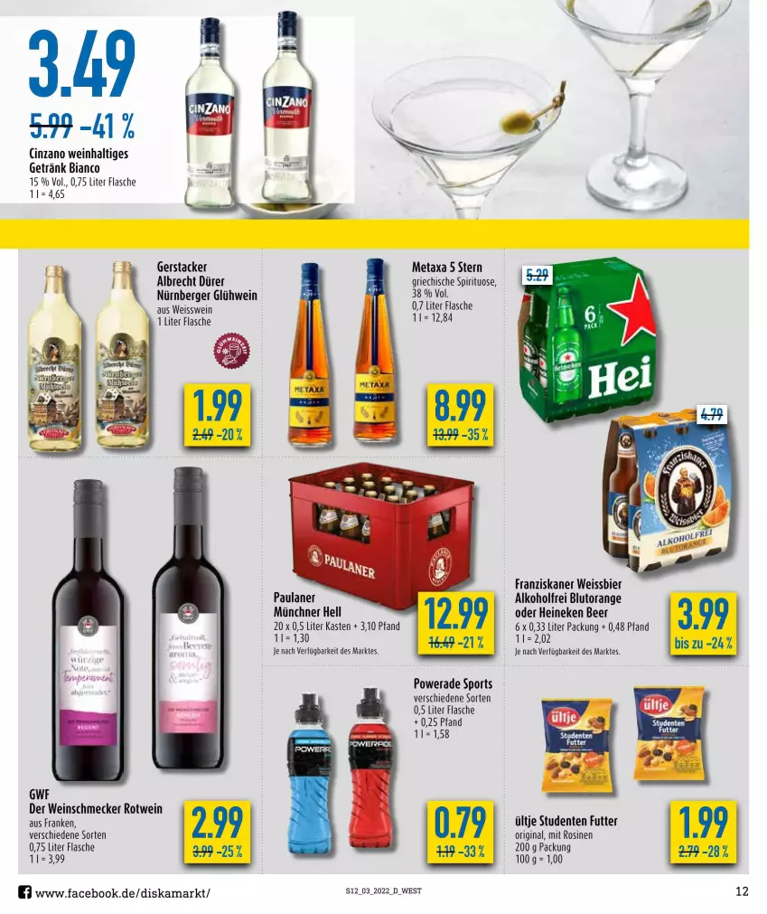 Aktueller Prospekt Diska - Prospekte - von 17.01 bis 22.01.2022 - strona 12 - produkty: alkohol, Berger, bier, Blutorange, cin, cinzano, eis, ente, flasche, franziskaner, getränk, gin, Glühwein, heineken, Metaxa, nürnberger, orange, Paula, paulaner, rotwein, Sport, Ti, ültje, wein, weissbier