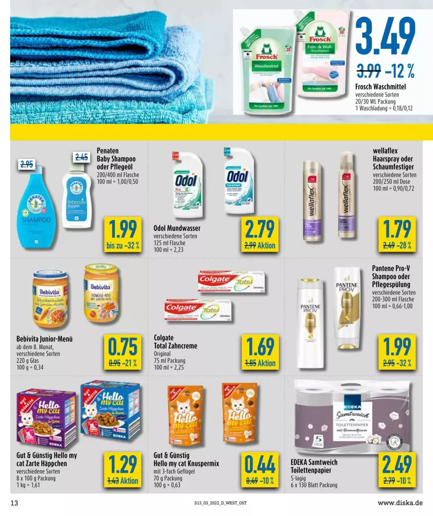 Aktueller Prospekt Diska - Prospekte - von 17.01 bis 22.01.2022 - strona 13 - produkty: Baby Shampoo, bebivita, colgate, creme, deka, flasche, Frosch, Geflügel, gin, haarspray, LG, mundwasser, Odol, pantene, pantene pro-v, papier, penaten, Pflegeöl, Pflegespülung, pro-v, schaumfestiger, shampoo, spülung, Ti, vita, waschmittel, wasser, Wella, wellaflex, zahncreme