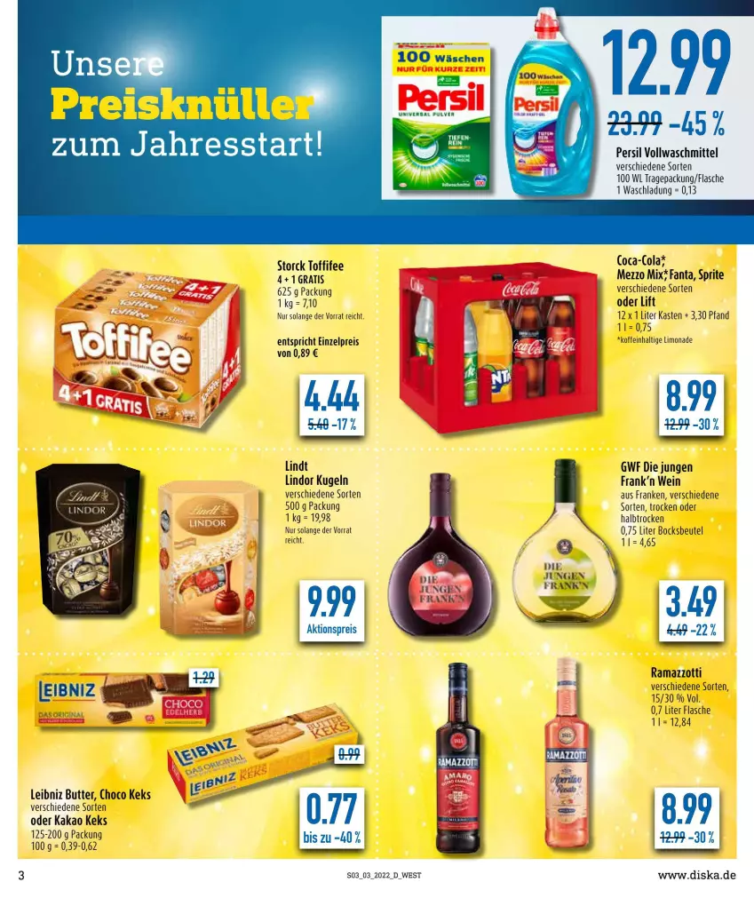 Aktueller Prospekt Diska - Prospekte - von 17.01 bis 22.01.2022 - strona 3 - produkty: aktionspreis, beutel, butter, coca-cola, cola, eis, fanta, flasche, kakao, keks, Kugel, leibniz, limo, limonade, lindor, lindt, Mezzo Mix, rama, reis, sprite, storck, tee, Ti, toffifee, wein, zott