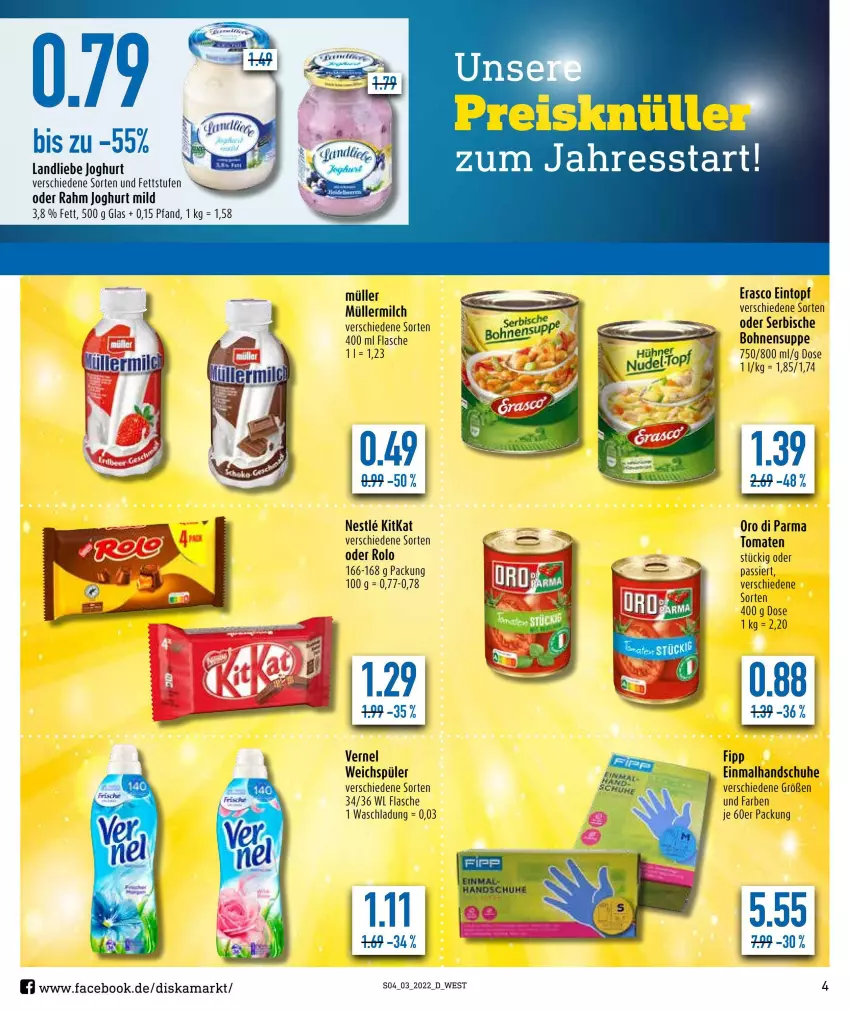 Aktueller Prospekt Diska - Prospekte - von 17.01 bis 22.01.2022 - strona 4 - produkty: bohne, bohnen, eintopf, erasco, flasche, handschuhe, joghur, joghurt, joghurt mild, kitkat, milch, Müller, müllermilch, oro di parma, schuhe, suppe, tomate, tomaten, topf, vernel, weichspüler