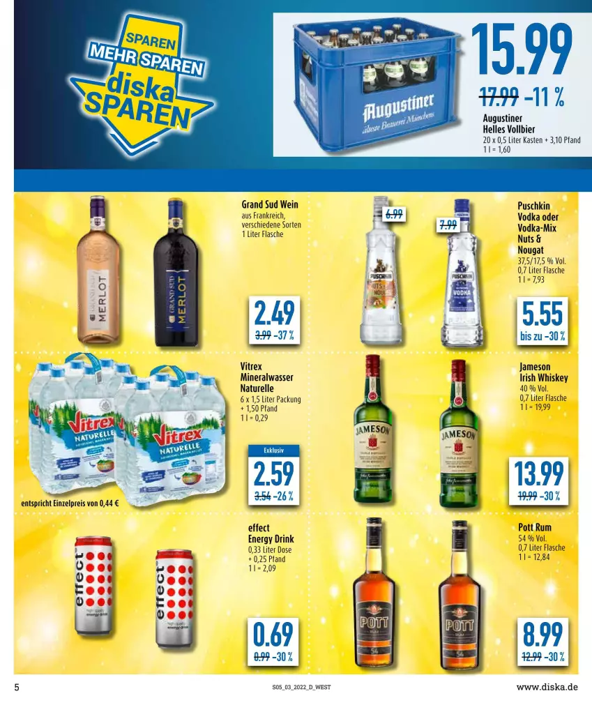 Aktueller Prospekt Diska - Prospekte - von 17.01 bis 22.01.2022 - strona 5 - produkty: Alwa, bier, drink, Effect, elle, energy drink, flasche, grand sud, irish whiskey, jameson, mineralwasser, natur, rel, rum, vitrex, vodka, wasser, wein, whiskey