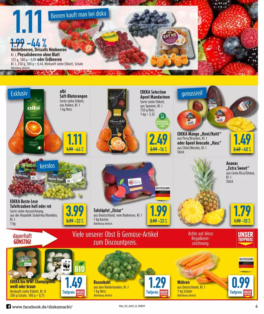 Aktueller Prospekt Diska - Prospekte - von 17.01 bis 22.01.2022 - strona 6 - produkty: ananas, avocado, beere, beeren, bio, Blutorange, braun, deka, eis, erdbeere, erdbeeren, himbeer, himbeere, himbeeren, mandarine, mandarinen, mango, möhren, orange, orangen, Physalis, reis, rosen, Rosenkohl, saft, Schal, Schale, tafeläpfel, tafeltrauben, Ti, tiefpreis, trauben