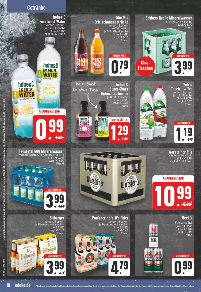 Aktueller Prospekt Edeka - Angebote der Woche - von 25.09 bis 30.09.2023 - strona 18 - produkty: aktionspreis, Alwa, angebot, angebotspreis, becks, deutschlandcard, eis, elle, erfrischungsgetränk, erfrischungsgetränke, flasche, Forstetal, getränk, getränke, glasflasche, Hohes C, LG, mineralwasser, pils, reis, steiner, tee, Ti, volvic, warsteiner, wasser