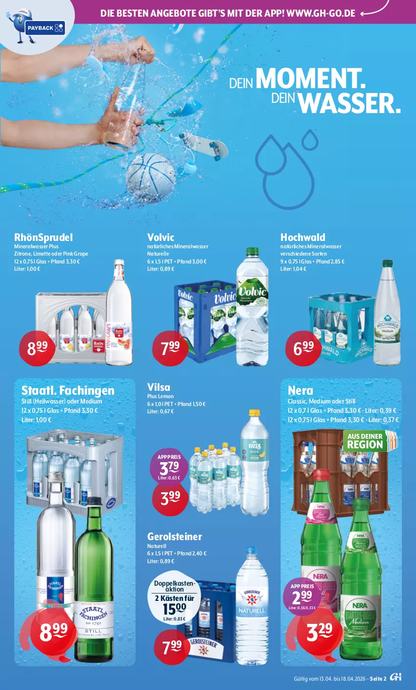 Aktueller Prospekt Getraenke Hoffmann - Prospekte - von 13.04 bis 18.04.2026 - strona 2 - produkty: Alwa, angebot, angebote, eis, elle, gerolsteine, gerolsteiner, hochwald, limette, Mett, mineralwasser, natur, natürliches mineralwasser, reis, rel, RhönSprudel, Sprudel, Staatl. Fachingen, steiner, Ti, vilsa, volvic, volvic natürliches, wasser, zitrone