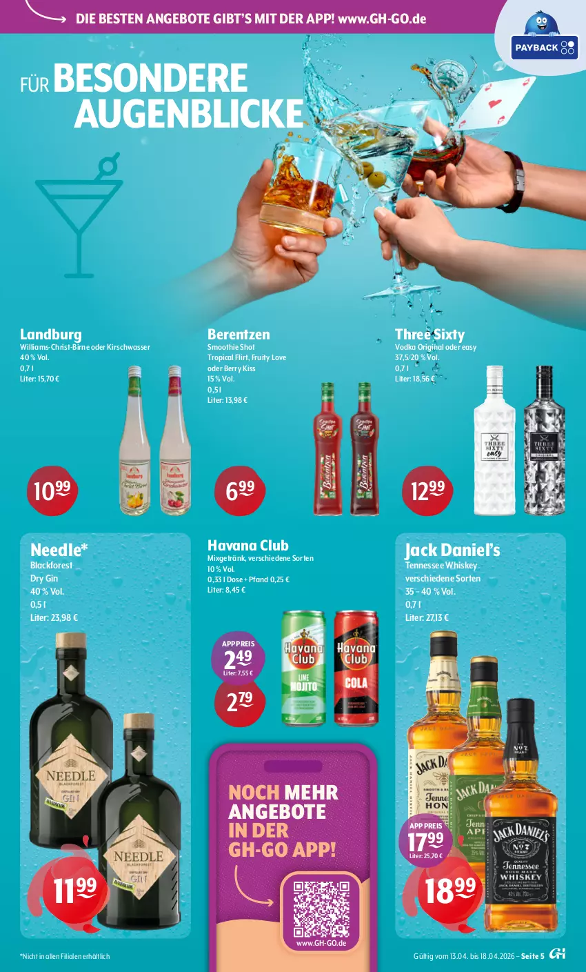 Aktueller Prospekt Getraenke Hoffmann - Prospekte - von 13.04 bis 18.04.2026 - strona 5 - produkty: angebot, angebote, berentzen, dry gin, eis, getränk, gin, Havana Club, jack daniel, Jack Daniel’s, kirsch, lack, Mixgetränk, reis, smoothie, tennessee whiskey, Three Sixty, Ti, vodka, wasser, whiskey