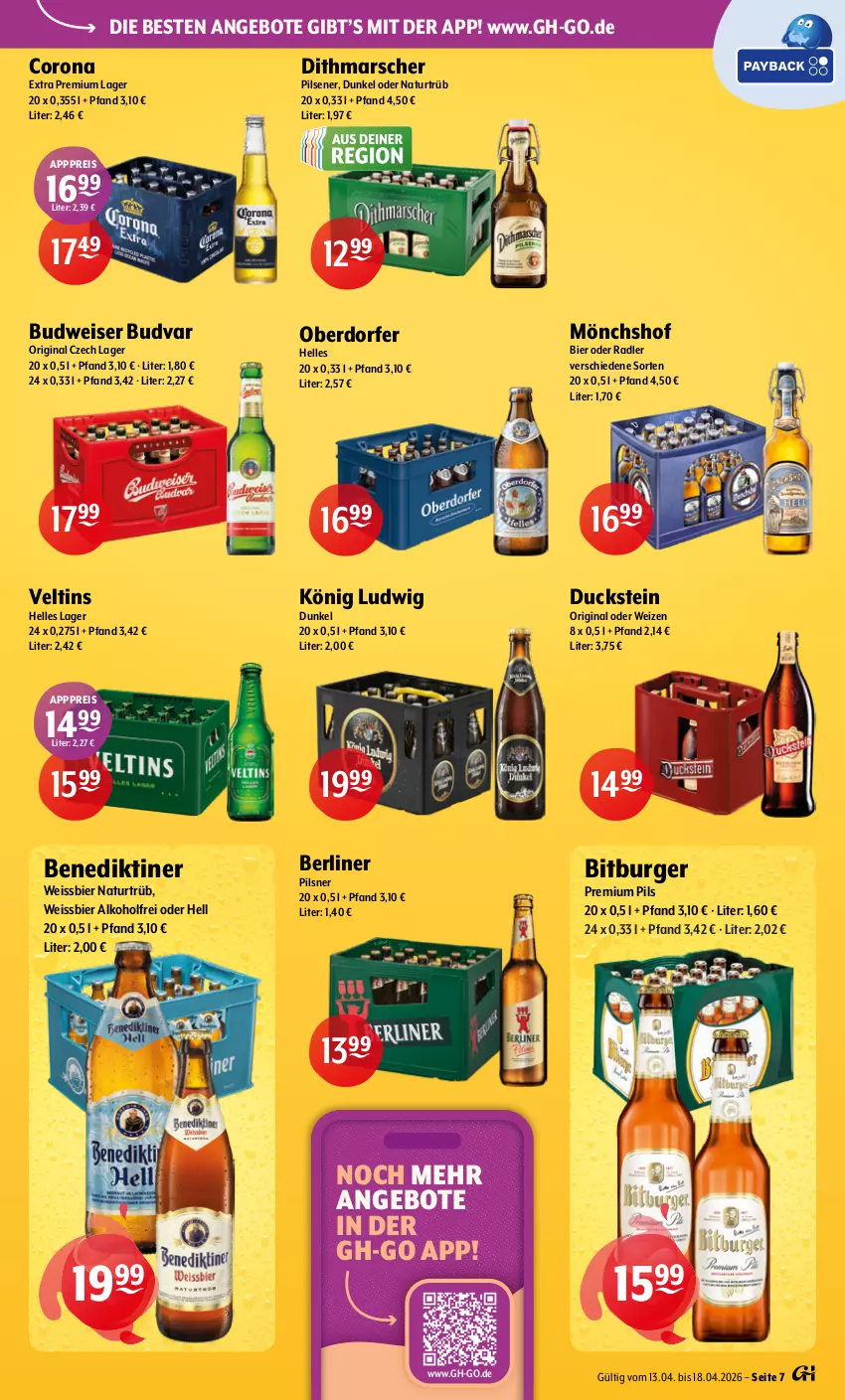 Aktueller Prospekt Getraenke Hoffmann - Prospekte - von 13.04 bis 18.04.2026 - strona 7 - produkty: alkohol, angebot, angebote, Benediktiner, berliner, bier, bitburger, bitburger pils, budweiser, burger, corona, corona extra, Duck, eis, elle, gin, mars, mönchshof, natur, oder radler, pils, pilsener, pilsner, premium pils, radler, reis, Ti, veltins, weissbier