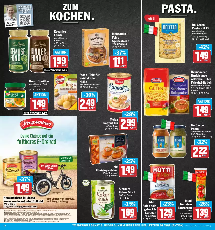 Aktueller Prospekt Aez - Prospekte - von 25.09 bis 30.09.2023 - strona 10 - produkty: AEZ, auer, bernbacher, beutel, De Cecco, ecco, eis, elle, erde, fleisch, frischei-nudeln, gewinnspiel, gin, hengstenberg, Kalbfleisch, Knödel, knorr, kokos, Kraut, limo, limonen, mac, meica, milch, mondamin, Mutti, natur, natura, nudel, nudeln, pasta, pastete, pesto, pfanni, Ragout, reis, rotkohl, sauce, Sauerkraut, Ti, tomate, tomaten, weck, wein, Weinsauerkraut, ZTE