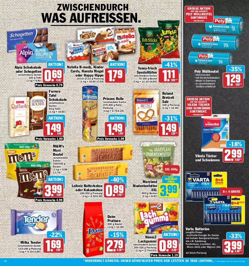 Aktueller Prospekt Aez - Prospekte - von 07.08 bis 12.08.2023 - strona 12 - produkty: alpia, auer, batterie, batterien, Becher, beutel, butter, butterkeks, daim, discount, eis, ente, ferrero, funny-frisch, Germ, hanuta, hipp, kakao, keks, kekse, Kinder, kraft, lachgummi, leibniz, Leuchte, leuchten, longlife, milka, müllbeutel, nimm2, nutella, pely, pralinen, prinzen rolle, Rauch, reis, reiss, riegel, salz, schogetten, schoko, schokolade, Spezi, spielzeug, studentenfutter, tender, Ti, tücher, varta, vileda, ZTE