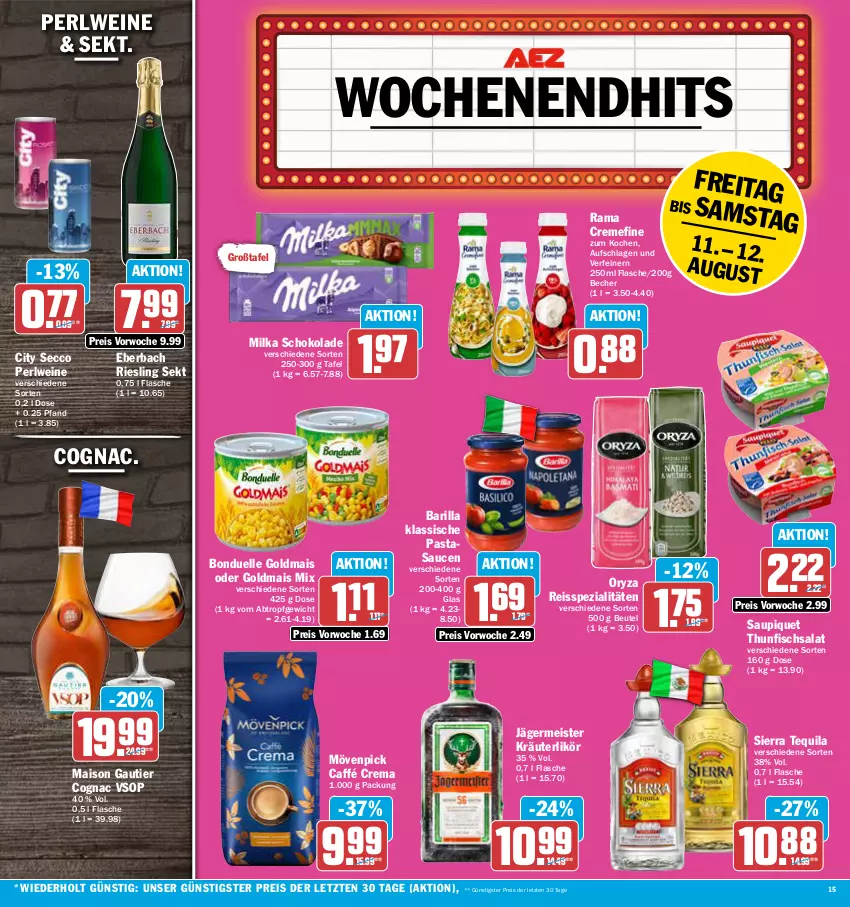 Aktueller Prospekt Aez - Prospekte - von 07.08 bis 12.08.2023 - strona 15 - produkty: barilla, Becher, beutel, bonduelle, bonduelle goldmais, Cognac, creme, ecco, eis, elle, fisch, flasche, Germ, Goldmais, goldmais oder, jägermeister, kräuter, kräuterlikör, likör, mais, Meister, milka, milka schokolade, mövenpick, oryza, pasta, rama, rama cremefine, reis, reiss, riesling, salat, sauce, saucen, saupiquet, schoko, schokolade, sekt, Sierra, sierra tequila, Spezi, tequila, thunfisch, Thunfischsalat, Ti, wein, weine, ZTE