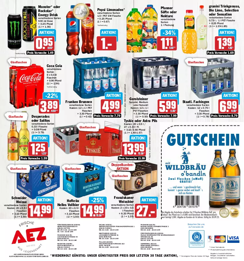 Aktueller Prospekt Aez - Prospekte - von 07.08 bis 12.08.2023 - strona 16 - produkty: AEZ, Astra, bier, brunnen, buch, cola, desperados, drink, drucker, eis, elle, energy drink, Engel, ente, fisch, flasche, franken brunnen, franziskaner, Germ, gerolsteine, gerolsteiner, glasflasche, granini, kerze, limo, limonade, limonaden, monster, natur, Nektar, nuss, pepsi, perla, pfanne, Pfanner, pils, reis, rel, ring, Rockstar, rum, säfte, Sprudel, Staatl. Fachingen, steiner, teller, Ti, tyskie, uhr, weissbier, ZTE