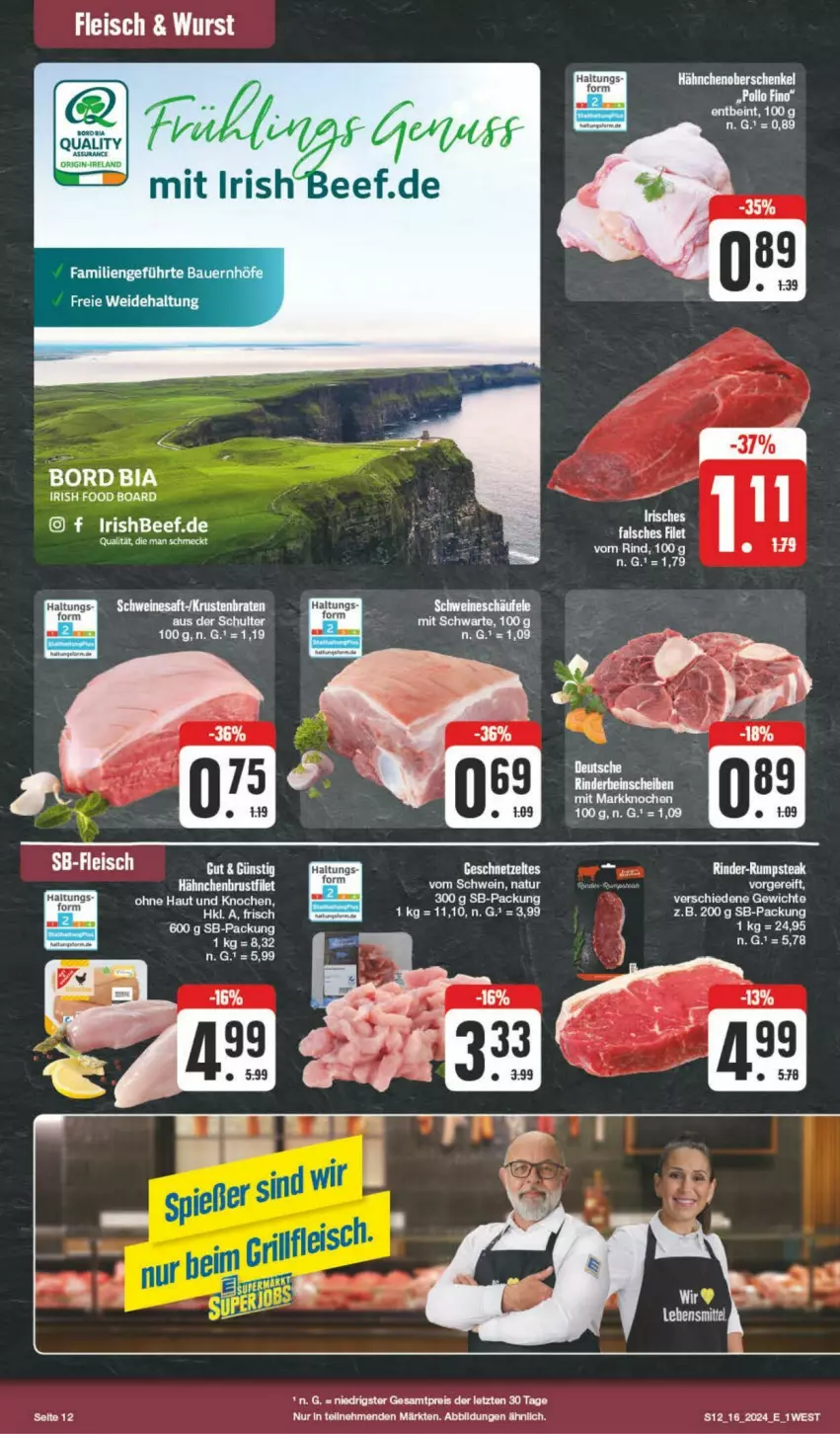 Aktueller Prospekt Edeka - Prospekte - von 13.04 bis 20.04.2024 - strona 12 - produkty: beef, braten, eier, eis, Elan, fleisch, gin, krustenbraten, leine, LG, nuss, reis, rel, rind, rinder, rinder-rumpsteak, rum, rumpsteak, saft, schwein, schweine, steak, tee, wein, weine, wurst, ZTE