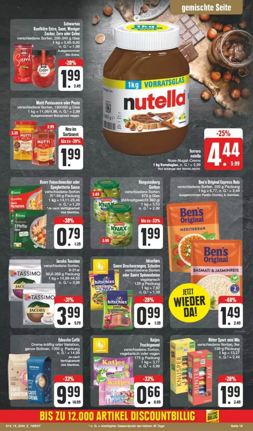 Aktueller Prospekt Edeka - Prospekte - von 13.04 bis 20.04.2024 - strona 19 - produkty: basmati, bohne, bohnen, bolognese, creme, eis, hengstenberg, katjes, Kette, LG, paella, reis, sim, tassimo, Ti, ZTE