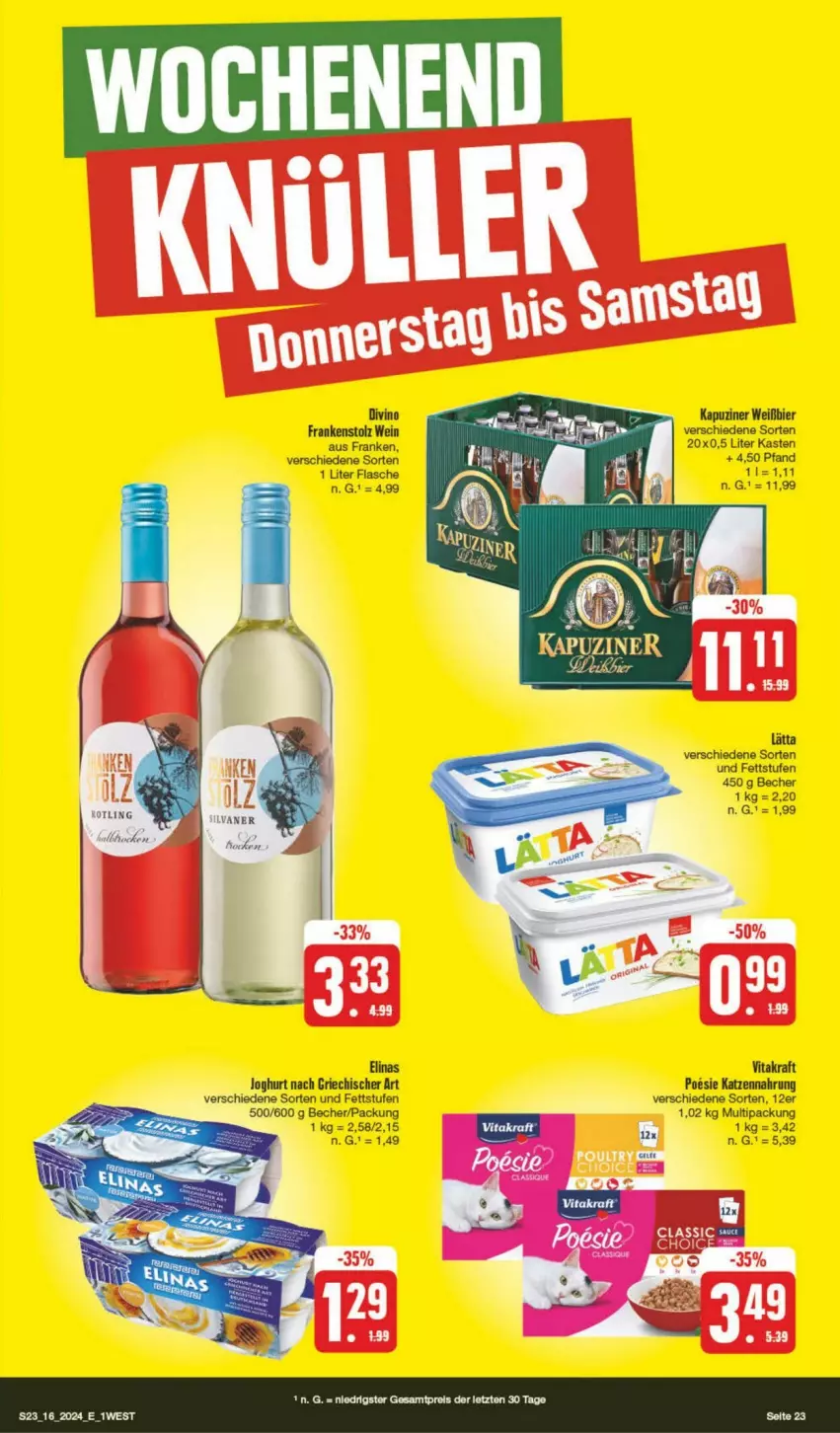 Aktueller Prospekt Edeka - Prospekte - von 13.04 bis 20.04.2024 - strona 23 - produkty: Becher, bier, elinas, elinas joghurt, flasche, joghur, joghurt, joghurt nach, katzennahrung, kraft, lätta, vita, vitakraft, wein