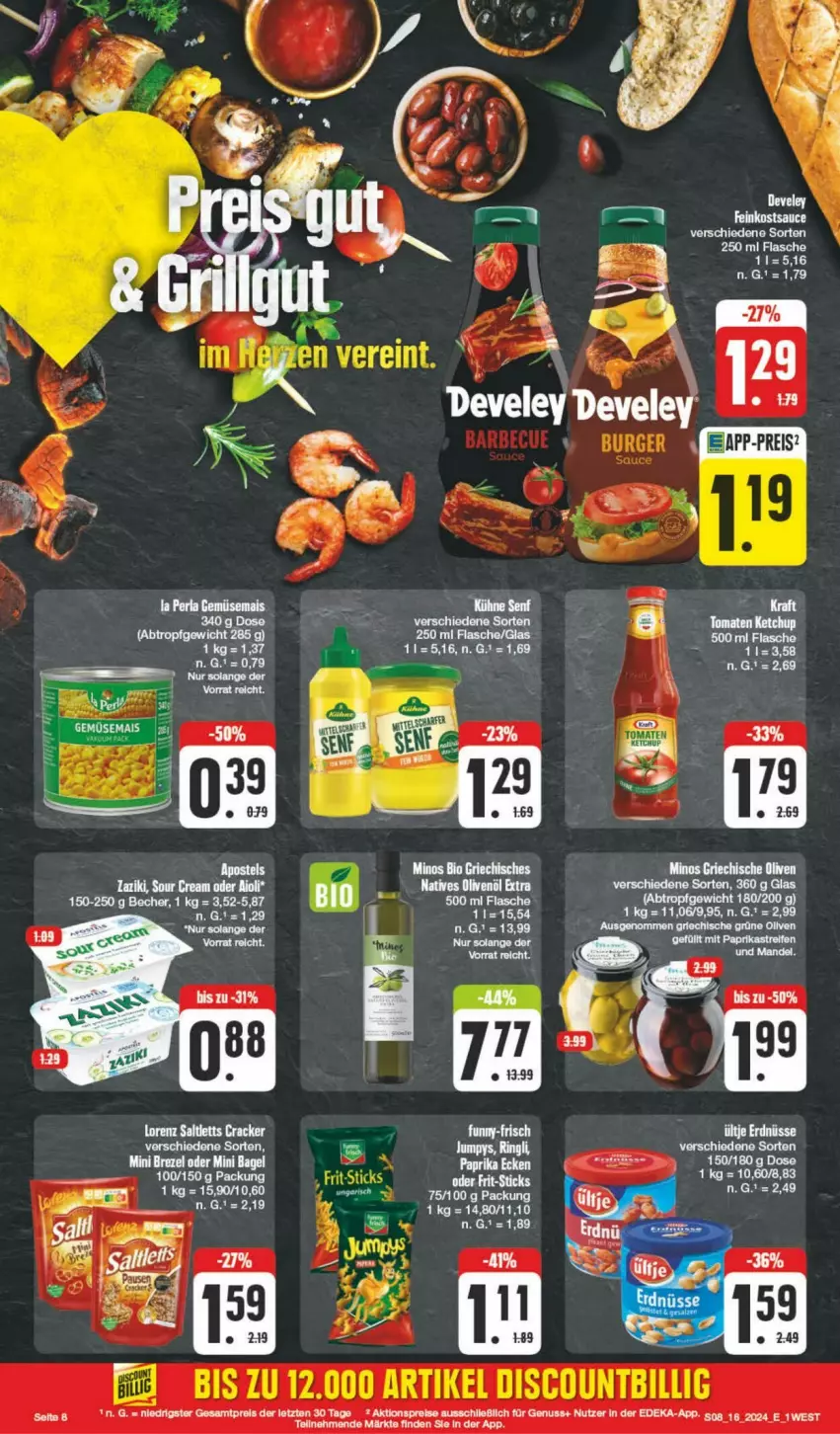 Aktueller Prospekt Edeka - Prospekte - von 13.04 bis 20.04.2024 - strona 8 - produkty: aktionspreis, bio, deka, develey, eis, feinkost, flasche, funny-frisch, kraft, natives olivenöl, nuss, olive, oliven, olivenöl, olivenöl extra, reis, sauce, senf, tee, Ti, tuc, ZTE