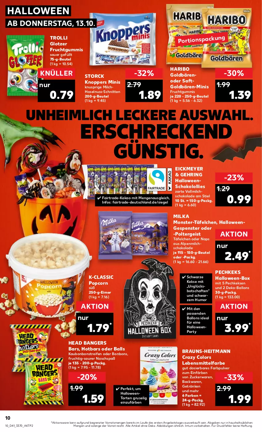 Aktueller Prospekt Kaufland - von 13.10 bis 19.10.2022 - strona 10 - produkty: alpenmilch, angebot, auer, backwaren, ball, beutel, bonbons, braun, eimer, eis, frucht, fruchtgummi, fruchtgummis, getränk, getränke, goldbären, haribo, haselnuss, heitmann, kakao, keks, kekse, knoppers, lebensmittel, Lebensmittelfarbe, milch, milka, monster, nuss, popcorn, reifen, ring, saft, schnitten, schoko, schokolade, storck, Ti, torte, trolli, vollmilch, ZTE, zucker