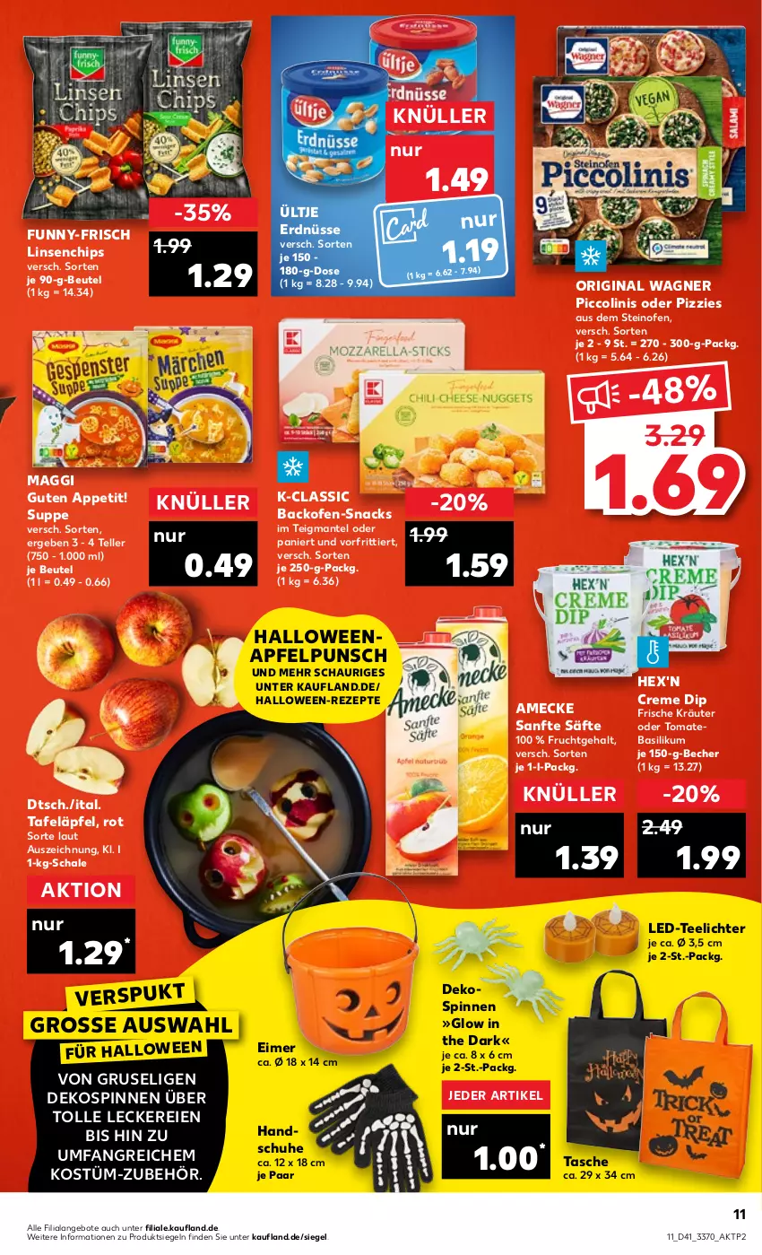 Aktueller Prospekt Kaufland - von 13.10 bis 19.10.2022 - strona 11 - produkty: amecke, angebot, angebote, apfel, backofen, basilikum, Becher, beutel, chips, creme, dip, eimer, elle, erdnüsse, frucht, funny-frisch, gin, handschuhe, kräuter, linsen, maggi, Mantel, Ofen, original wagner, piccolinis, rezept, rezepte, säfte, Schal, Schale, schuhe, snack, snacks, steinofen, suppe, tafeläpfel, Tasche, tee, Teelicht, teelichte, teller, Ti, tomate, ültje, ültje erdnüsse, wagner