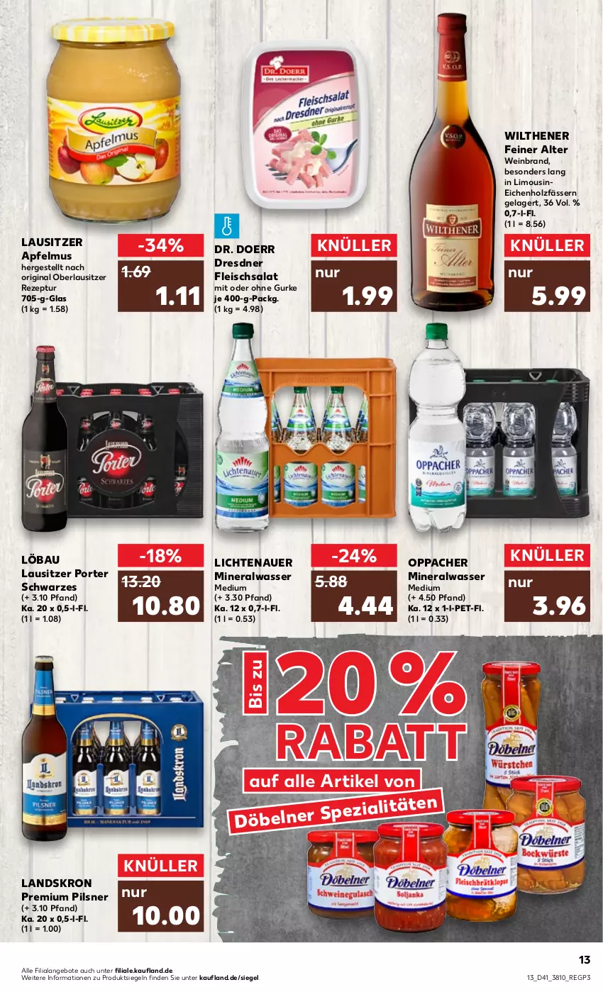 Aktueller Prospekt Kaufland - von 13.10 bis 19.10.2022 - strona 13 - produkty: Alwa, angebot, angebote, apfel, apfelmus, auer, Bau, eis, fleisch, fleischsalat, gin, gurke, Holz, lichtenauer, limo, mineralwasser, Mineralwasser Medium, pils, pilsner, premium pils, rezept, salat, Ti, wasser, wein, weinbrand, wilthener