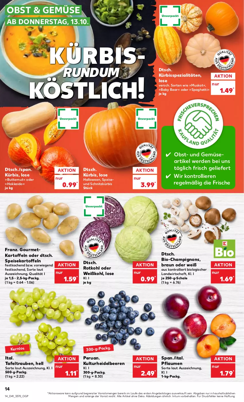 Aktueller Prospekt Kaufland - von 13.10 bis 19.10.2022 - strona 14 - produkty: angebot, beere, beeren, bio, braun, butter, champignon, champignons, eis, erde, heidelbeere, heidelbeeren, kartoffel, kartoffeln, Kürbis, obst, pflaume, pflaumen, rotkohl, Schal, Schale, spaghetti, speisekartoffeln, Spezi, tafeltrauben, Ti, trauben, trolli, und gemüse, Weißkohl, ZTE