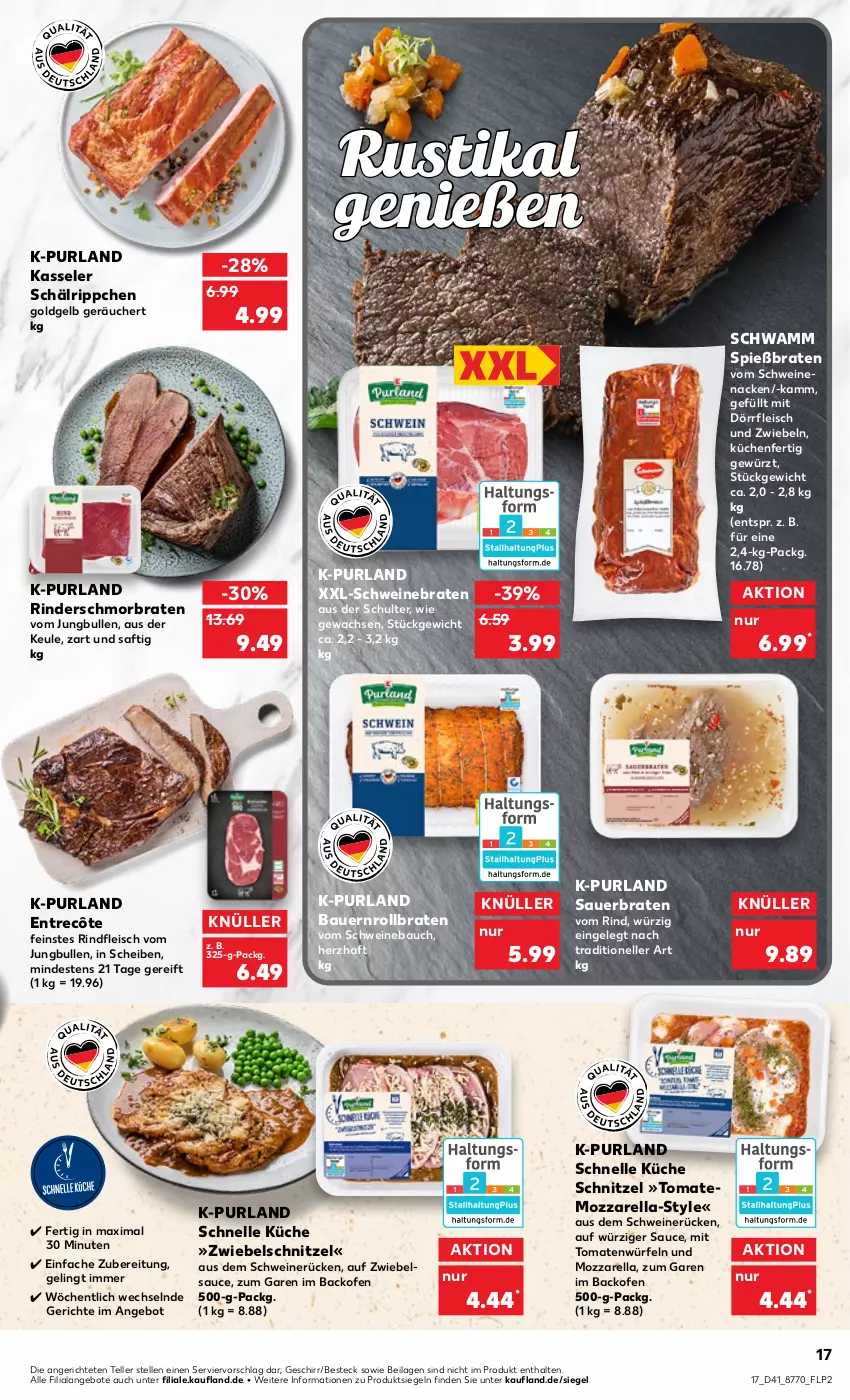 Aktueller Prospekt Kaufland - von 13.10 bis 19.10.2022 - strona 17 - produkty: angebot, angebote, auer, backofen, Bau, Bauer, besteck, braten, eis, elle, entrecôte, fleisch, geschirr, gewürz, ilag, jungbullen, kasseler, küche, Küchen, mozzarella, Ofen, purland, rel, rind, rinder, rindfleisch, rollbraten, saft, sauce, schmorbraten, schnitzel, schwamm, schwein, schweine, Schweinebauch, schweinebraten, schweinenacken, schweinerücken, teller, Ti, tomate, tomaten, vom schweinenacken, wein, weine, würfel, zwiebel, zwiebeln