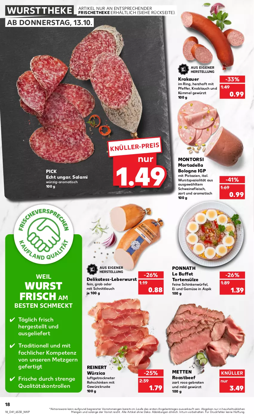 Aktueller Prospekt Kaufland - von 13.10 bis 19.10.2022 - strona 18 - produkty: angebot, auer, beef, braten, dell, eis, fleisch, gewürz, knoblauch, krakauer, leberwurst, Mett, metten, mit pistazien, montorsi, mortadella, pfeffer, pistazien, ponnath, reinert, ring, roastbeef, rohschinken, salami, schinken, schnittlauch, schwein, schweine, schweinefleisch, Spezi, Ti, tisch, torte, und gemüse, wein, weine, würfel, wurst, wursttheke, ZTE