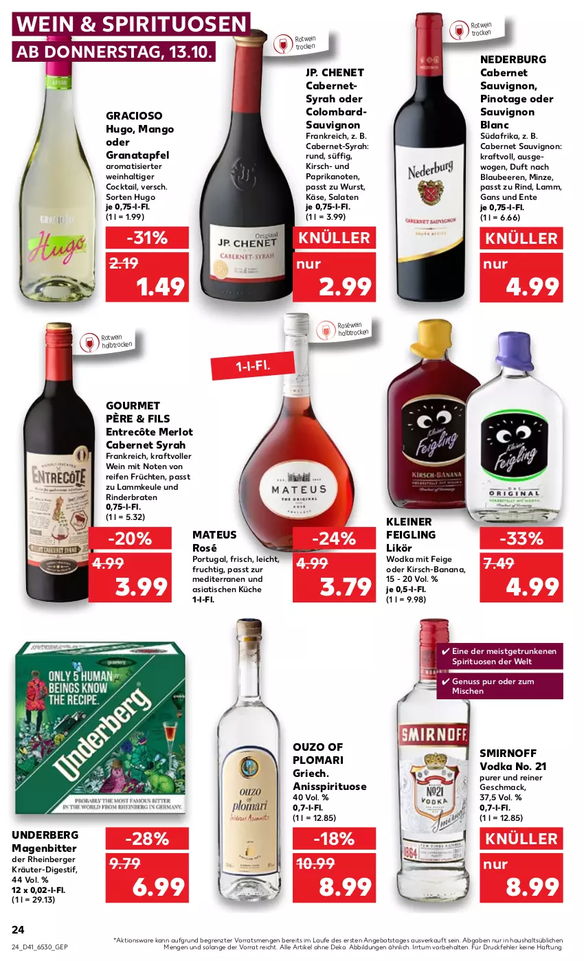 Aktueller Prospekt Kaufland - von 13.10 bis 19.10.2022 - strona 24 - produkty: angebot, apfel, beere, beeren, Berger, Blaubeer, blaubeere, braten, cabernet, cabernet sauvignon, cocktail, eis, ente, entrecôte, frucht, früchte, früchten, gracioso, grana, granatapfel, hugo, Käse, kirsch, kleiner feigling, kraft, kräuter, küche, lamm, leine, likör, mac, mango, mateus, merl, merlot, minze, nederburg, nuss, ouzo, paprika, Pinot, Rana, reifen, rind, rinder, rinderbraten, roséwein, rotwein, salat, salate, sauvignon, sauvignon blanc, smirnoff, spirituosen, Ti, tisch, underberg, vodka, wein, wodka, wurst, ZTE