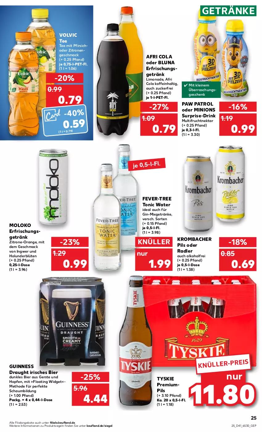 Aktueller Prospekt Kaufland - von 13.10 bis 19.10.2022 - strona 25 - produkty: Afri Cola, alkohol, angebot, angebote, bier, Blüte, cola, drink, eis, fever-tree, frucht, getränk, getränke, gin, Guinness, holunder, holunderblüte, ingwer, leine, limo, limonade, mac, Mixgetränk, Nektar, oder radler, orange, Paw Patrol, pfirsich, pils, radler, tee, Ti, tonic, tonic water, tyskie, volvic, zitrone, zitronen, zucker