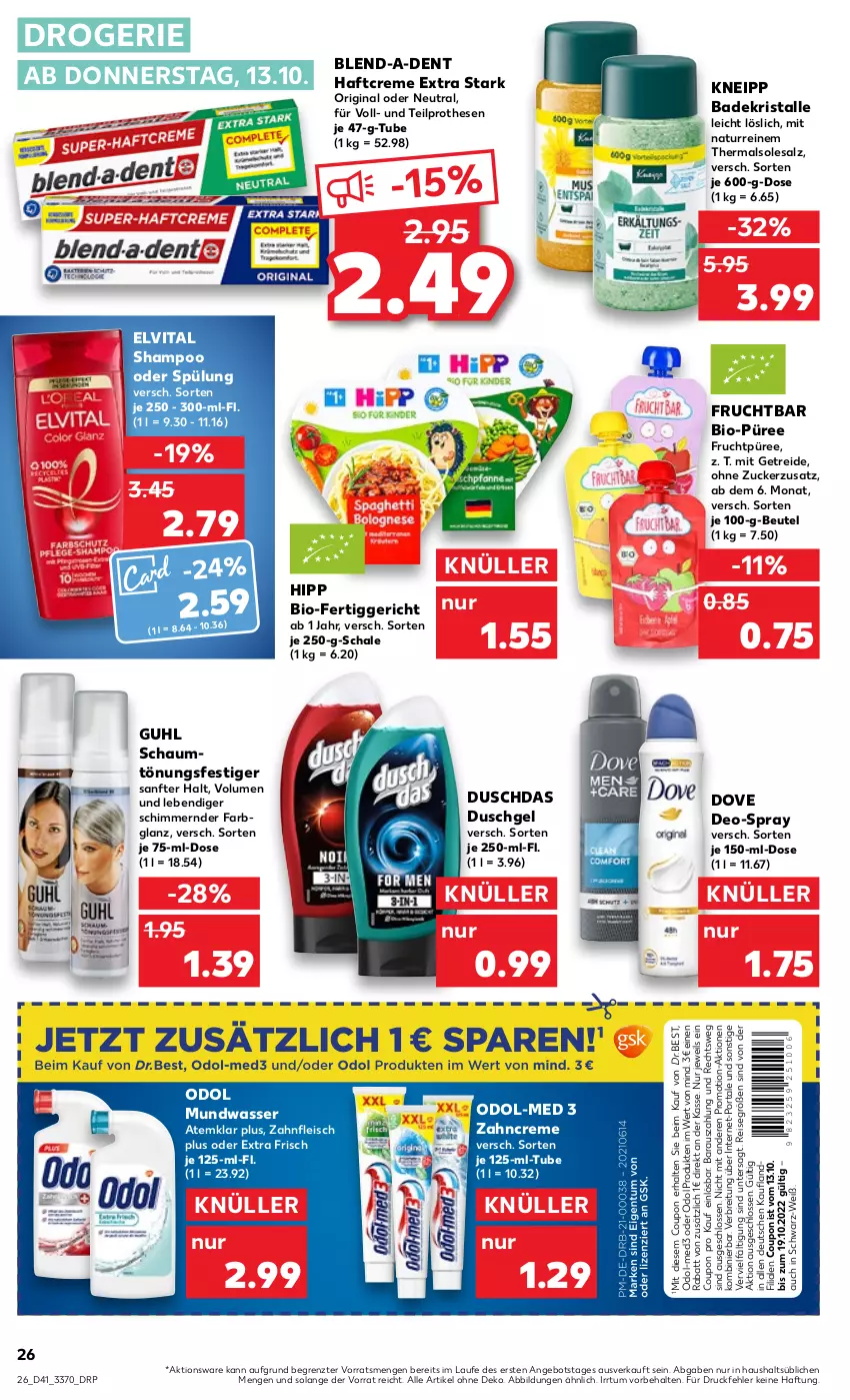 Aktueller Prospekt Kaufland - von 13.10 bis 19.10.2022 - strona 26 - produkty: angebot, Bad, Badekristalle, beutel, bio, Brei, coupon, creme, deo, dove, duschdas, duschgel, eis, elvital, fertiggericht, fleisch, frucht, gin, Guhl, Haftcreme, hipp, kneipp, mundwasser, natur, Odol, Odol-med 3, püree, reis, salz, Schal, Schale, shampoo, shampoo oder spülung, spülung, Ti, vita, wasser, zahncreme, ZTE, zucker