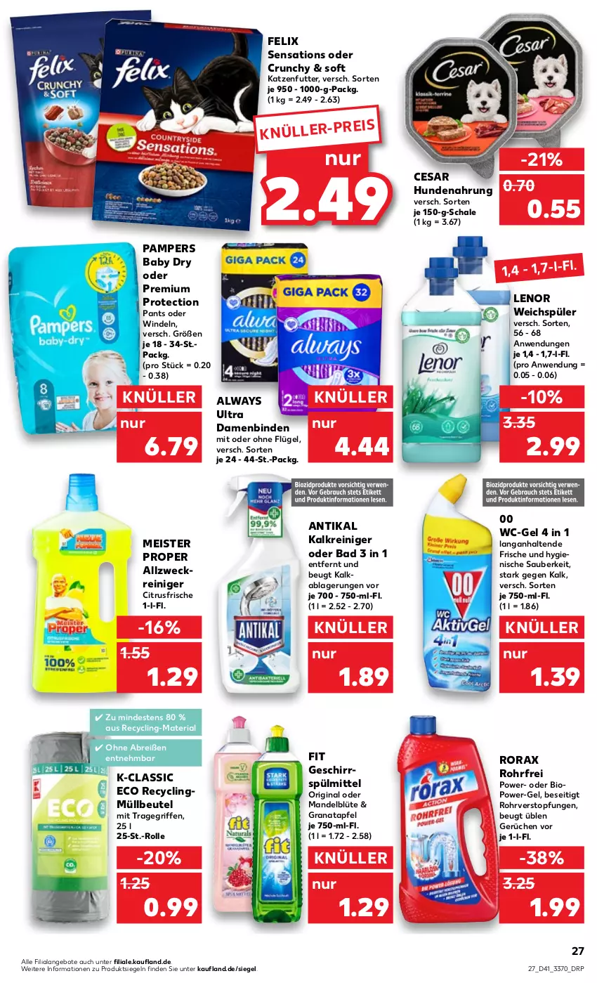 Aktueller Prospekt Kaufland - von 13.10 bis 19.10.2022 - strona 27 - produkty: allzweckreiniger, Alwa, Always, angebot, angebote, apfel, Bad, beutel, binden, bio, Blüte, Brei, citrus, Clin, Damenbinden, eis, felix, geschirr, gin, grana, granatapfel, hundenahrung, Kalkreiniger, katzenfutter, lenor, lenor weichspüler, mandel, Meister, meister proper, müllbeutel, pampers, pampers baby dry, Pants, power-gel, Rana, reiniger, Ria, rorax, Schal, Schale, sensations, spülmittel, Ti, topf, tragegriff, wc-gel, weck, weichspüler, windeln