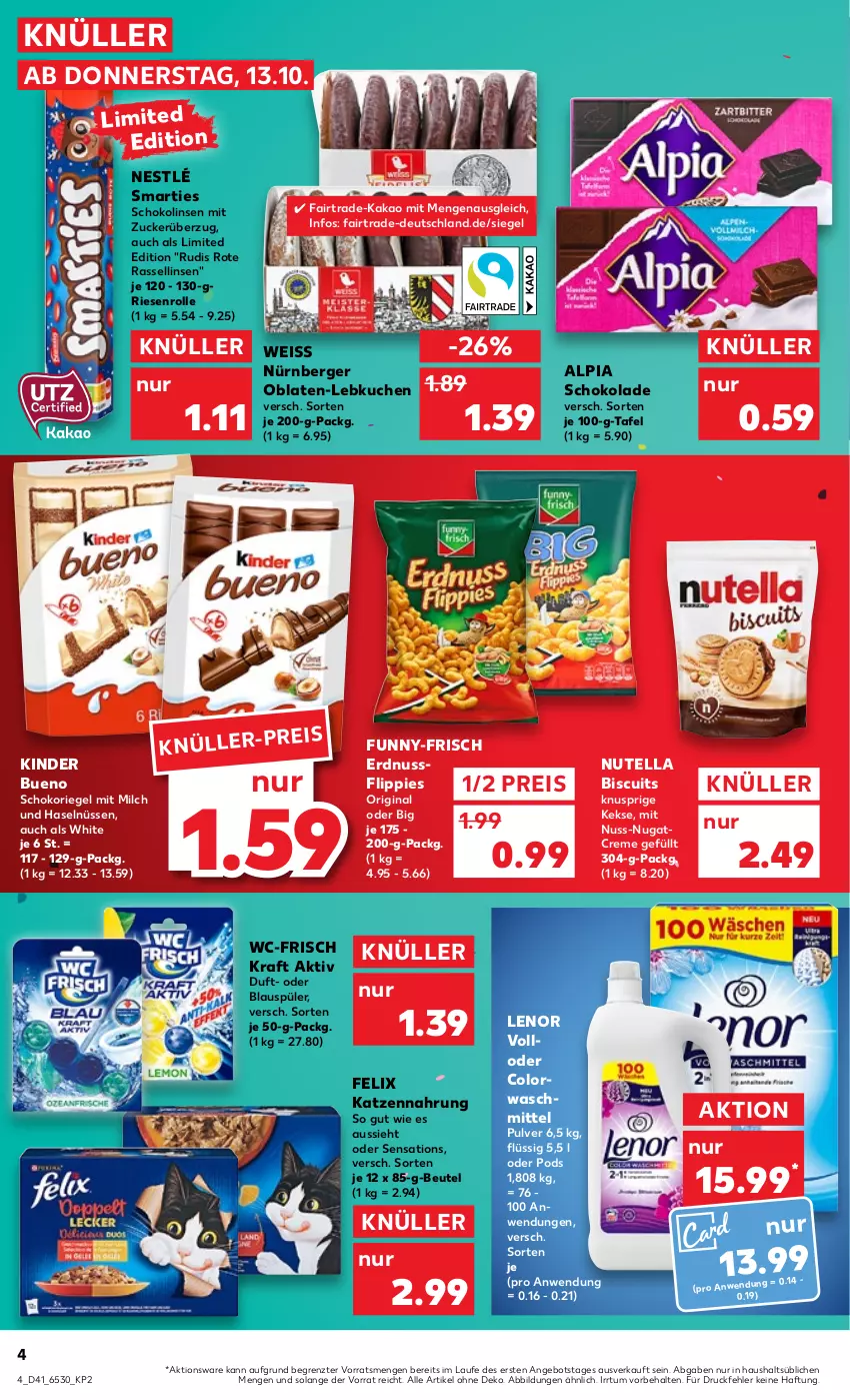 Aktueller Prospekt Kaufland - von 13.10 bis 19.10.2022 - strona 4 - produkty: alpia, angebot, Berger, beutel, colorwaschmittel, creme, eis, erdnuss, felix, flippies, funny-frisch, gin, kakao, katzennahrung, keks, kekse, Kinder, kinder bueno, kraft, kuchen, Lebkuchen, lenor, linsen, milch, nestlé, nürnberger, nuss, nutella, Oblaten, Pods, reis, riegel, schoko, schokolade, Schokolinsen, schokoriegel, sensations, smarties, Ti, waschmittel, ZTE, zucker