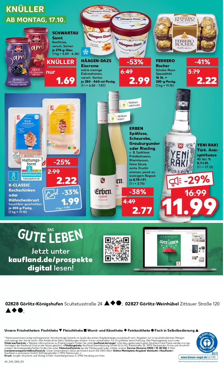 Aktueller Prospekt Kaufland - von 13.10 bis 19.10.2022 - strona 40 - produkty: Abba, angebot, angebote, Astrid, auer, auto, Bau, bio, blume, blumen, Brei, burgunder, Couch, couchtisch, creme, drucker, eis, eiscreme, elle, Engel, ente, erde, feinkost, feinkosttheke, fernbedienung, ferrero, Ferrero Rocher, fisch, fischtheke, fleisch, frucht, Garten, Germ, gin, grauburgunder, gsw, häagen-dazs, hähnchenbrust, Heißklebepistole, Heu, Hobby, Holz, Käse, käsetheke, kerze, kleber, kochschinken, konfitüre, kraft, lebensmittel, leine, LG, mac, magazin, nuss, papier, Ragout, regal, reifen, reis, rezept, rezepte, Ria, riesling, ring, rum, Schal, schinken, schlafzimmer, schnitten, schoko, schuhe, Schwartau, Spezi, stuhl, Ti, tisch, Tüte, wein, Weißwein, WICK, wurst, yeni raki, ZTE