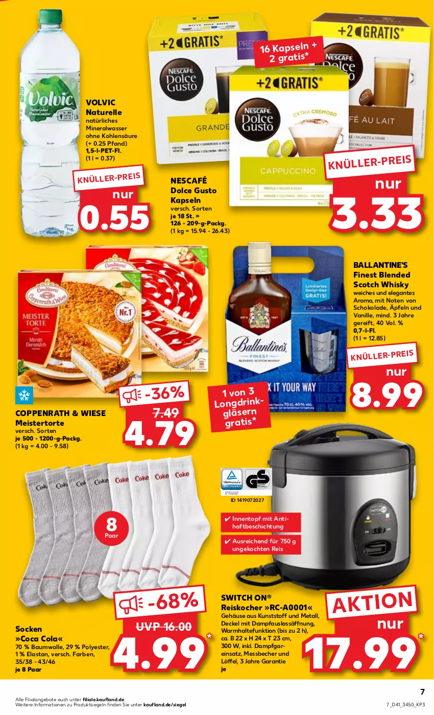 Aktueller Prospekt Kaufland - von 13.10 bis 19.10.2022 - strona 7 - produkty: Alwa, angebot, angebote, ball, Ballantine's, Bau, baumwolle, Becher, blended scotch, blended scotch whisky, cola, coppenrath, decke, Deckel, dolce gusto, drink, eis, elle, Gläser, Kocher, Löffel, Meister, Messbecher, mineralwasser, natur, natürliches mineralwasser, Nescafé, Pfau, reis, rel, schoko, schokolade, scotch, scotch whisky, socken, Ti, topf, torte, vanille, volvic, wasser, whisky, wolle