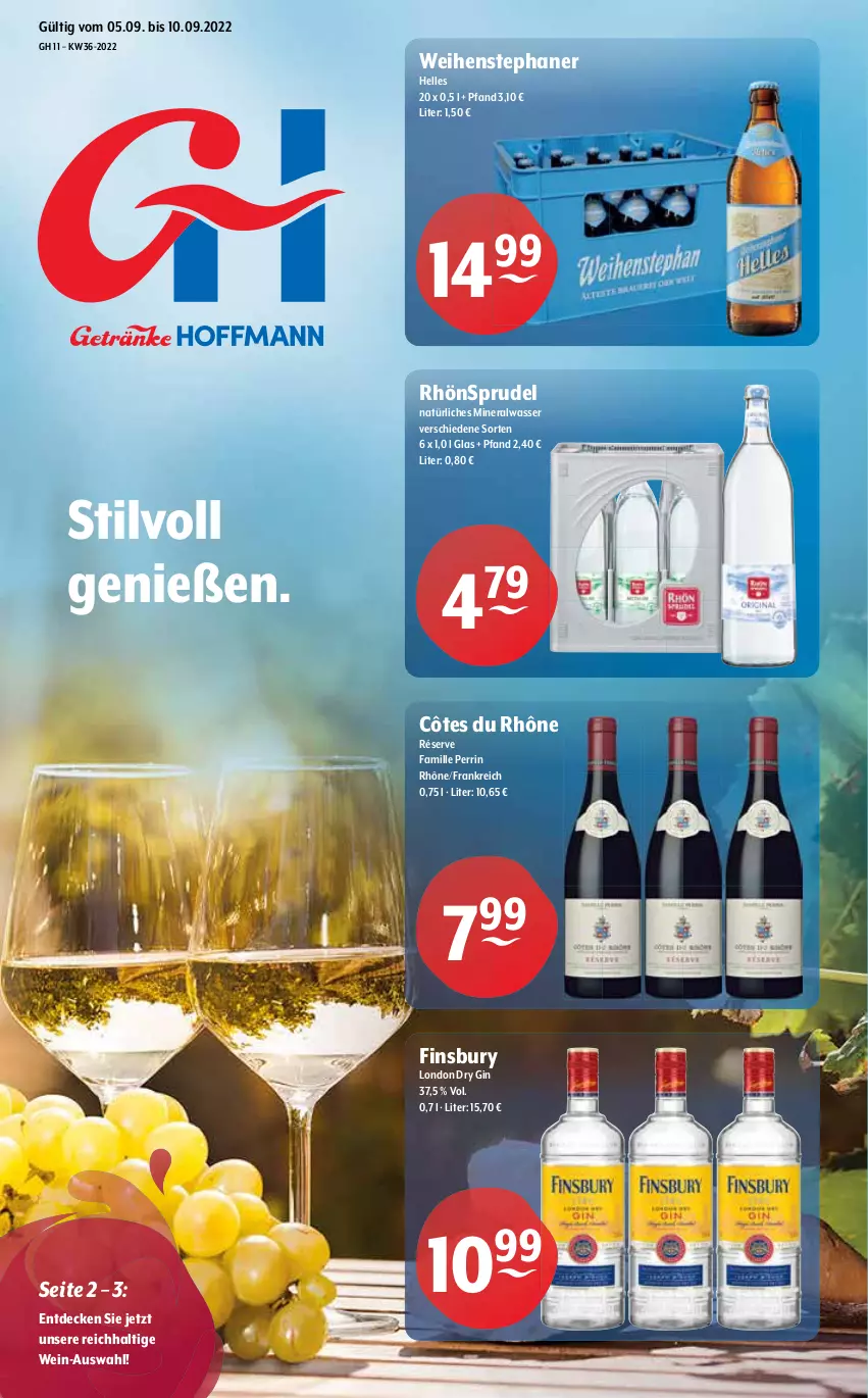 Aktueller Prospekt Getraenke Hoffmann - Prospekte - von 05.09 bis 10.09.2022 - strona 1 - produkty: Alwa, decke, dry gin, elle, finsbury, gin, london dry, london dry gin, mineralwasser, natürliches mineralwasser, RhönSprudel, Sprudel, Ti, wasser, weihenstephan, wein