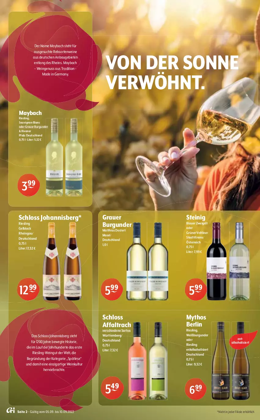 Aktueller Prospekt Getraenke Hoffmann - Prospekte - von 05.09 bis 10.09.2022 - strona 2 - produkty: alkohol, auer, Bau, blauer zweigelt, burgunder, cabernet, cabernet sauvignon, cassis, classico, doppio passo, ecco, elle, ente, erde, flasche, frucht, Germ, grauer burgunder, grüner veltliner, kirsch, kirsche, kirschen, lack, maybach, Mythos, nuss, passo, prosecco, rebsortenweine, riesling, Rivaner, saft, sauerkirschen, sauvignon, sauvignon blanc, spiegel, tempranillo, Ti, trauben, wein, weine, Weißburgunder, Zweigelt