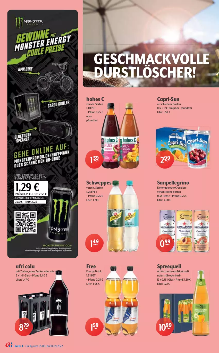 Aktueller Prospekt Getraenke Hoffmann - Prospekte - von 05.09 bis 10.09.2022 - strona 4 - produkty: 7UP, Afri Cola, apfel, Apfelschorle, Cap, capri-sun, citrus, coca-cola, cola, dell, direktsaft, drink, durstlöscher, elle, energy drink, getränk, getränke, gin, gurke, gurken, Hohes C, ice tea, lavendel, limo, limonade, mac, Mirinda, natur, pepsi, red bull, rind, saft, sanpellegrino, schorle, schweppes, Schwip Schwap, Spreequell, thomas henry, Ti, tomate, tomaten, Tomatensaft, vita, Vita C, Wild, zucker