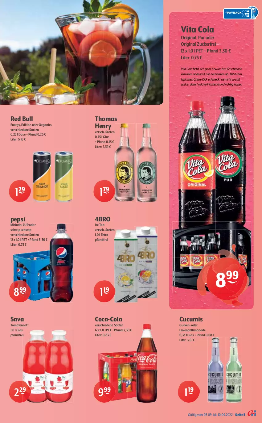 Aktueller Prospekt Getraenke Hoffmann - Prospekte - von 05.09 bis 10.09.2022 - strona 5 - produkty: 7UP, Afri Cola, apfel, Apfelschorle, Cap, capri-sun, citrus, coca-cola, cola, dell, direktsaft, drink, durstlöscher, elle, energy drink, getränk, getränke, gin, gurke, gurken, Hohes C, ice tea, lavendel, limo, limonade, mac, Mirinda, natur, pepsi, red bull, rind, saft, sanpellegrino, schorle, schweppes, Schwip Schwap, Spreequell, thomas henry, Ti, tomate, tomaten, Tomatensaft, vita, Vita C, Wild, zucker