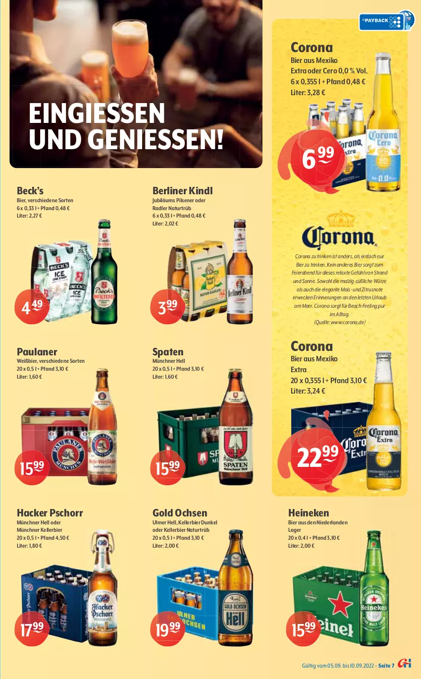 Aktueller Prospekt Getraenke Hoffmann - Prospekte - von 05.09 bis 10.09.2022 - strona 7 - produkty: adelholzener, Alwa, auer, Bad, Bad Liebenwerda, berliner, berliner kindl, bier, brunnen, corona, eier, elle, frucht, hacker pschorr, heineken, hella, himbeer, Holz, Jubiläums, kellerbier, kirsch, kirsche, LG, mac, mais, malz, mineralwasser, mit frucht, natur, natürliches mineralwasser, oder radler, Paula, paulaner, pfirsich, pils, pilsener, radler, rel, rwe, Selters, Spaten, Steinsieker, Ti, vöslauer, wasser, weck, ZTE