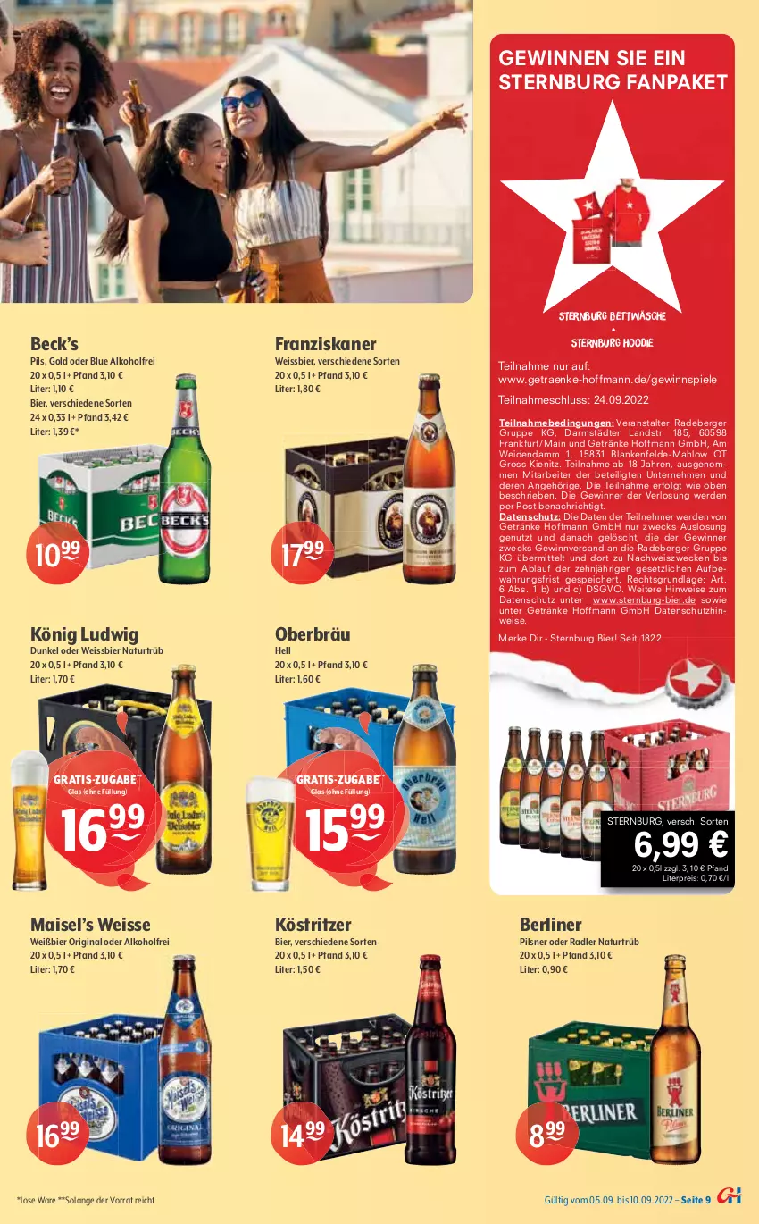 Aktueller Prospekt Getraenke Hoffmann - Prospekte - von 05.09 bis 10.09.2022 - strona 9 - produkty: alkohol, Berger, berliner, bett, bettwäsche, bier, Biere, budweiser, burger, eis, elle, erde, flensburger, franziskaner, getränk, getränke, gewinnspiel, gin, hasseröder, Jubiläums, köstritzer, LG, mac, mais, malz, natur, oder radler, pils, pilsener, pilsner, premium pils, radeberger, radler, reis, rwe, Saalfelder, Spiele, Sternburg, Ti, tyskie, weck, weissbier